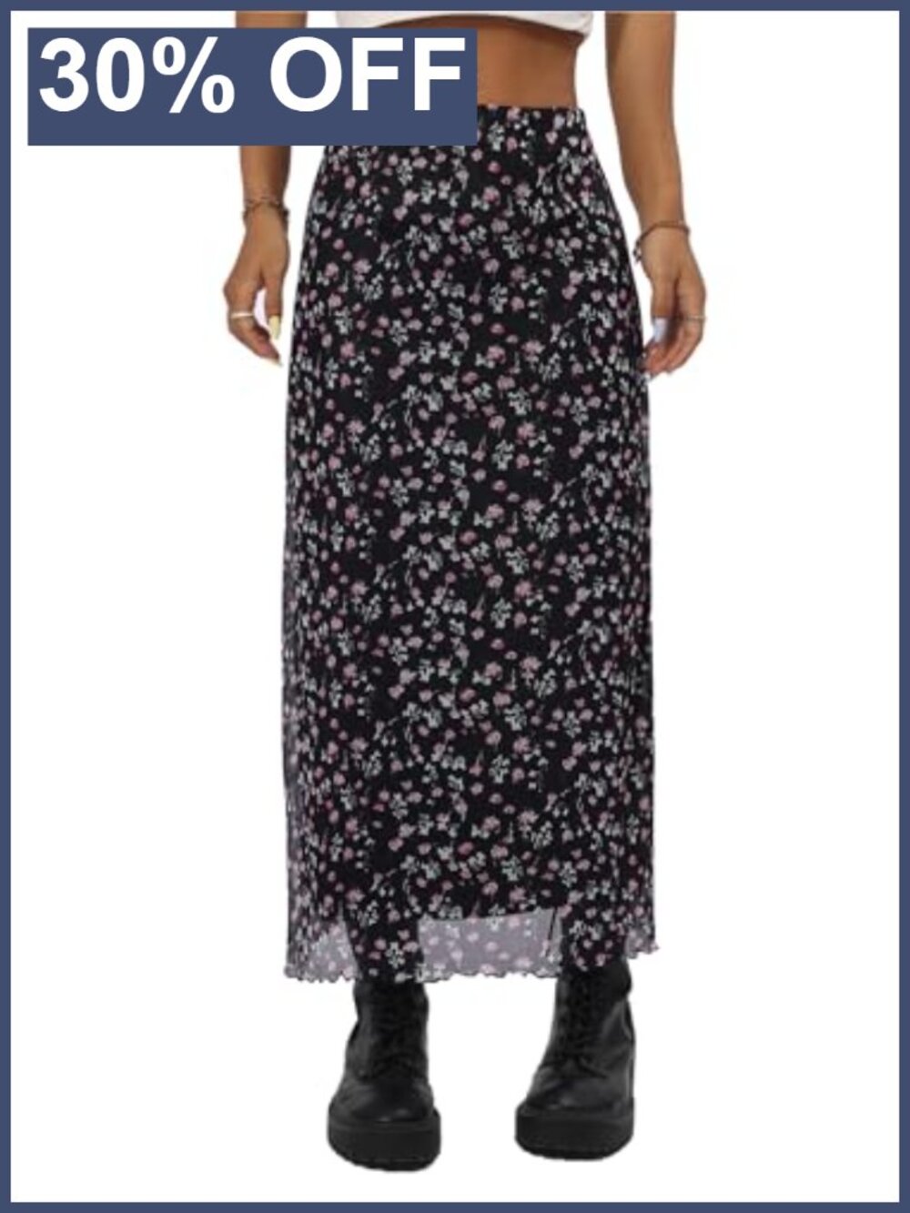 Mesh Floral Boho Midi Skirt High Waist Lettuce Hem Flowy